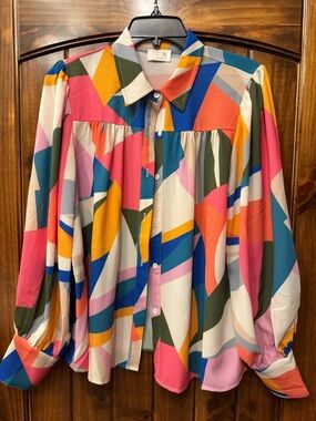 Fate Multicolor Geometric Button-Front Blouse